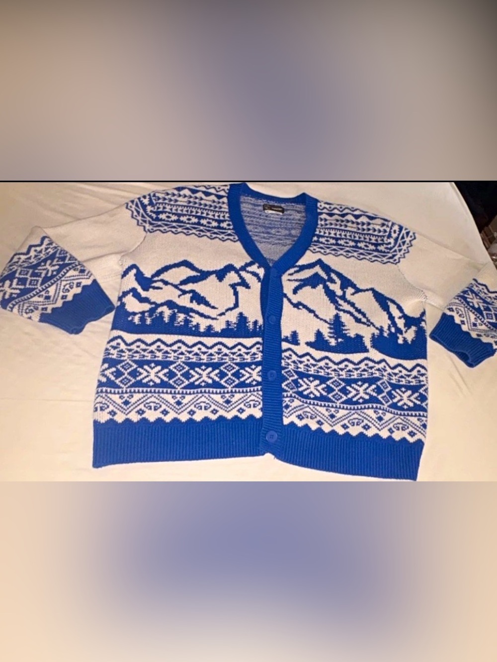 Original Use Men's Mountain Fair Isle Knit Cardigan Sweater Blue & White Size XL